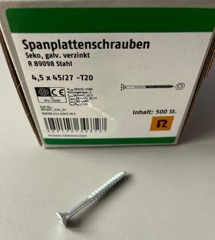 500 Stück Spanplattenschrauben Seko, galv. verzinkt 4,5 x 45/27 -T20 , Spax, 89098.014.0045.045 (VPE: 500 Stück)